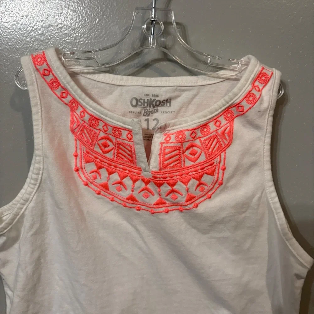 OshKosh Bgosh White Sleeveless Tank Top Bright Pink Embroidery (Girls 12)‎
